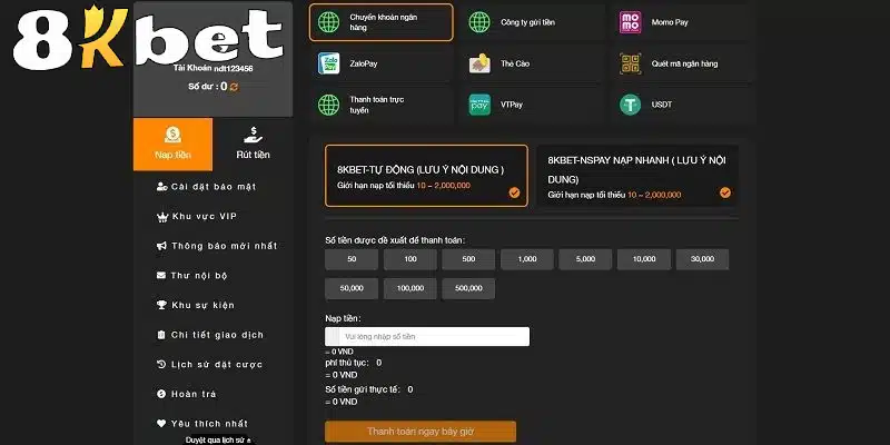 Cách nạp tiền tại 8kbet