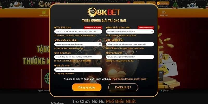 Đăng ký tài khoản tại 8kbet